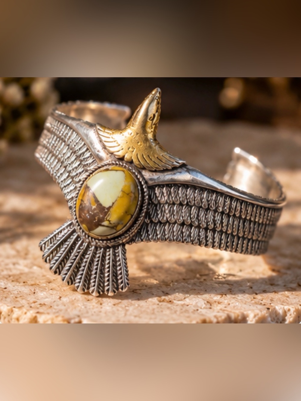 Sterling Silver Yellow Jasper Eagle Cuff Bracelet – Two-Tone Vintage Style